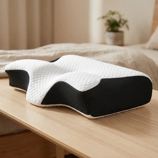 Oreiller cervical ergonomique Sleeny en forme de papillon avec mousse à mémoire de forme posé sur une table en bois