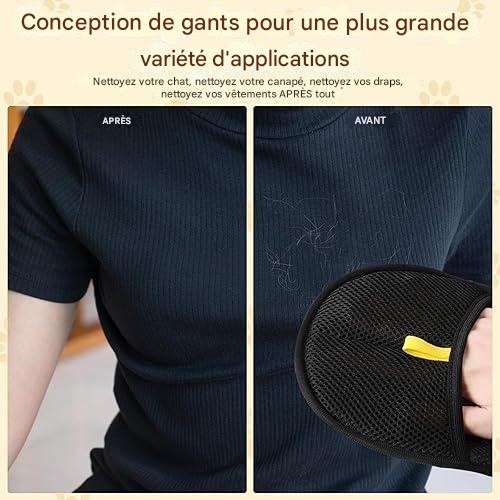 Pet hair removal glove cleaning loose fur from a sofa beside a cat.